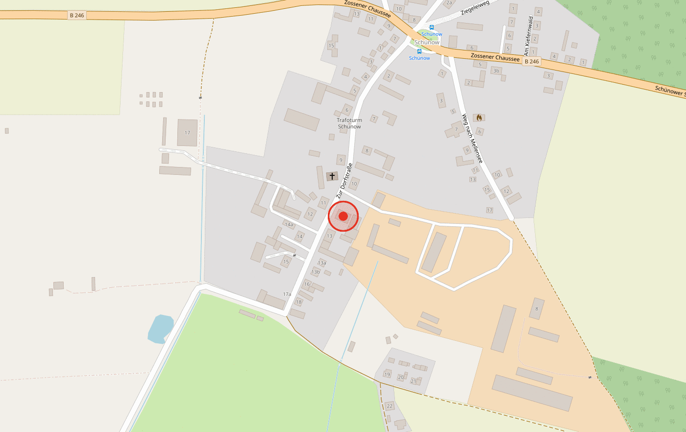 Kartenausschnitt mit dem Standort der EMC GmbH in der Zur Dorfstraße in Zossen, Ortsteil Schünow, nahe der B 246